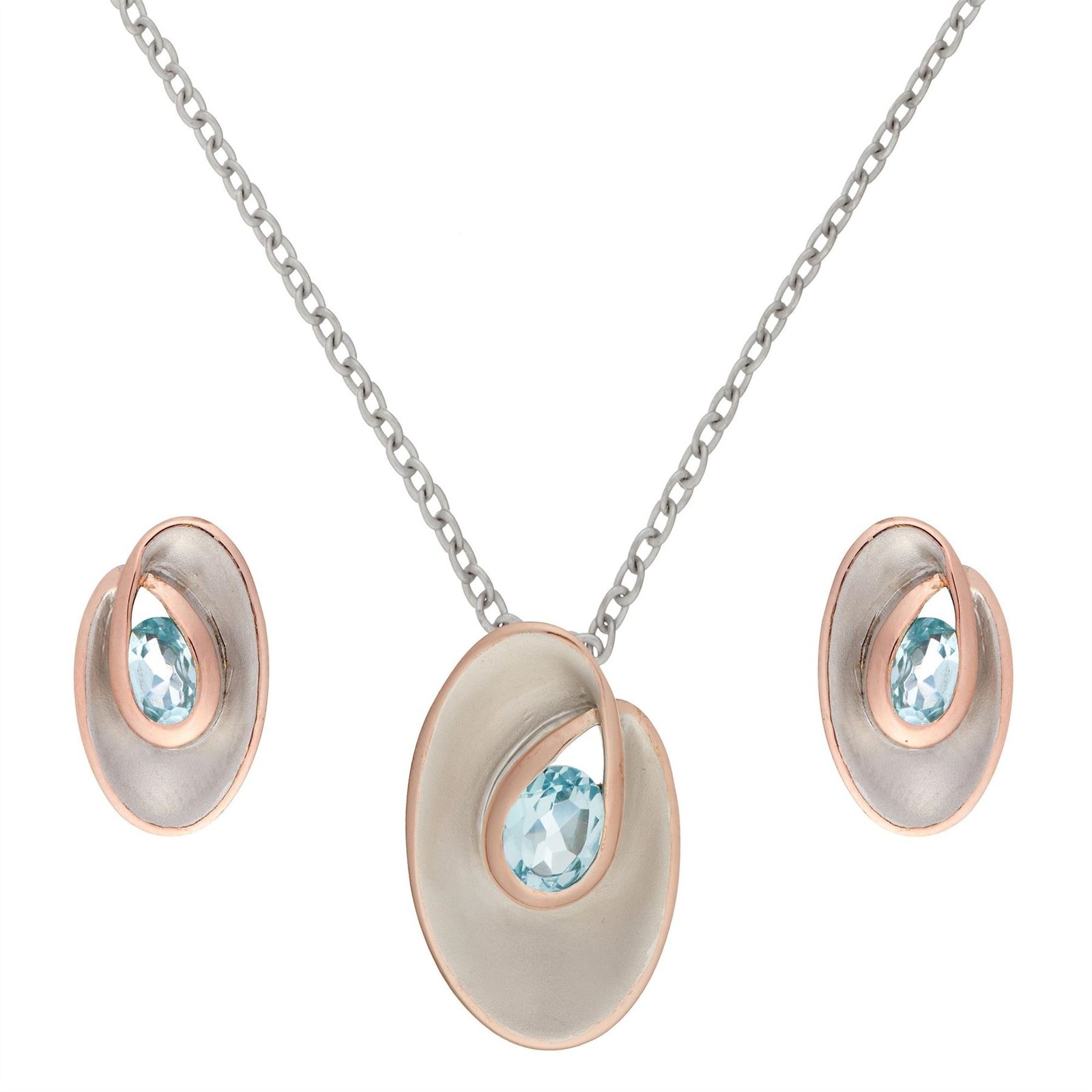 Silverly Rose Gold Plated 925 Silver Brushed Blue Topaz Oval Jewellery Set