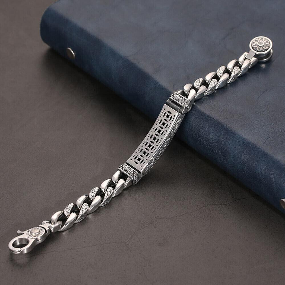 Solid 925 Sterling Silver Chain Vajra 11mm Six Words Curb Link Bracelet 7-8.7in