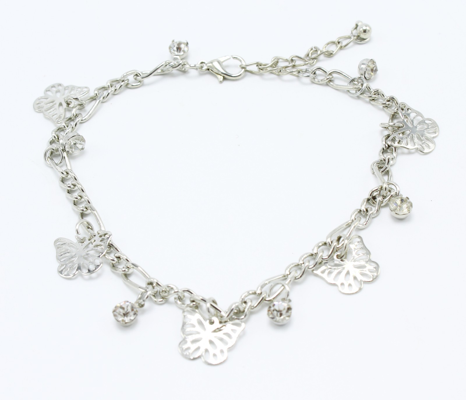 New Silver Tone Anklet with Butterfly & Rhinestone Drops & Bonus Toe Ring #A104