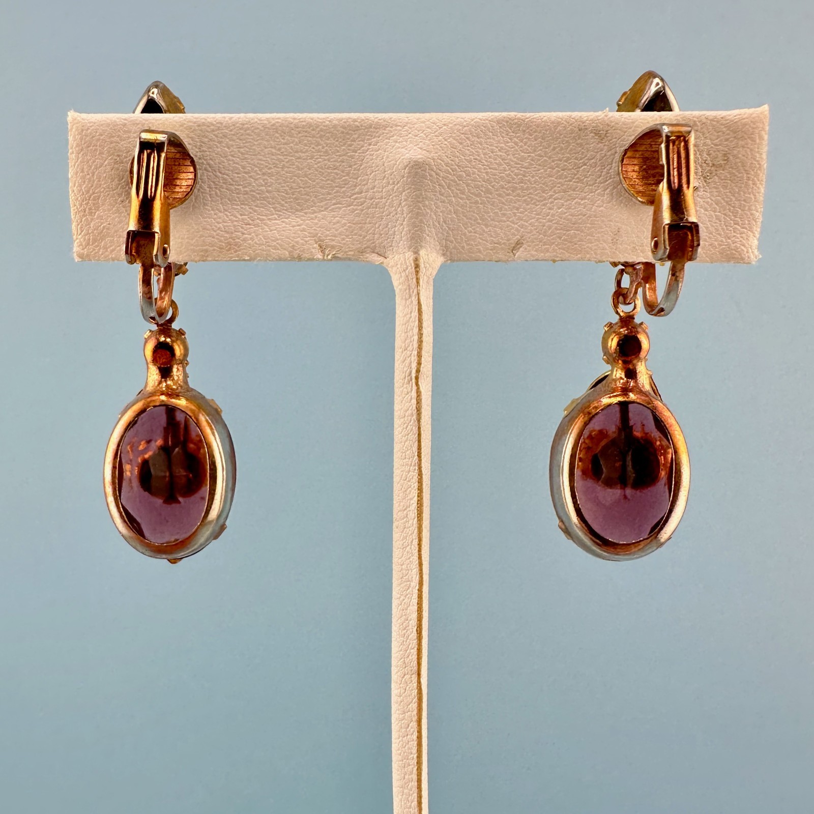 Vintage Purple Rhinestone Dangle Earrings Rose Gold Tone Clip On Prong Set