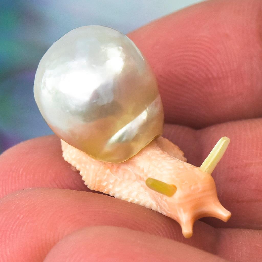 South Sea Baroque Pearl & Carved Apricot Syrix Trumpet Shell Snail Design 6.08 g