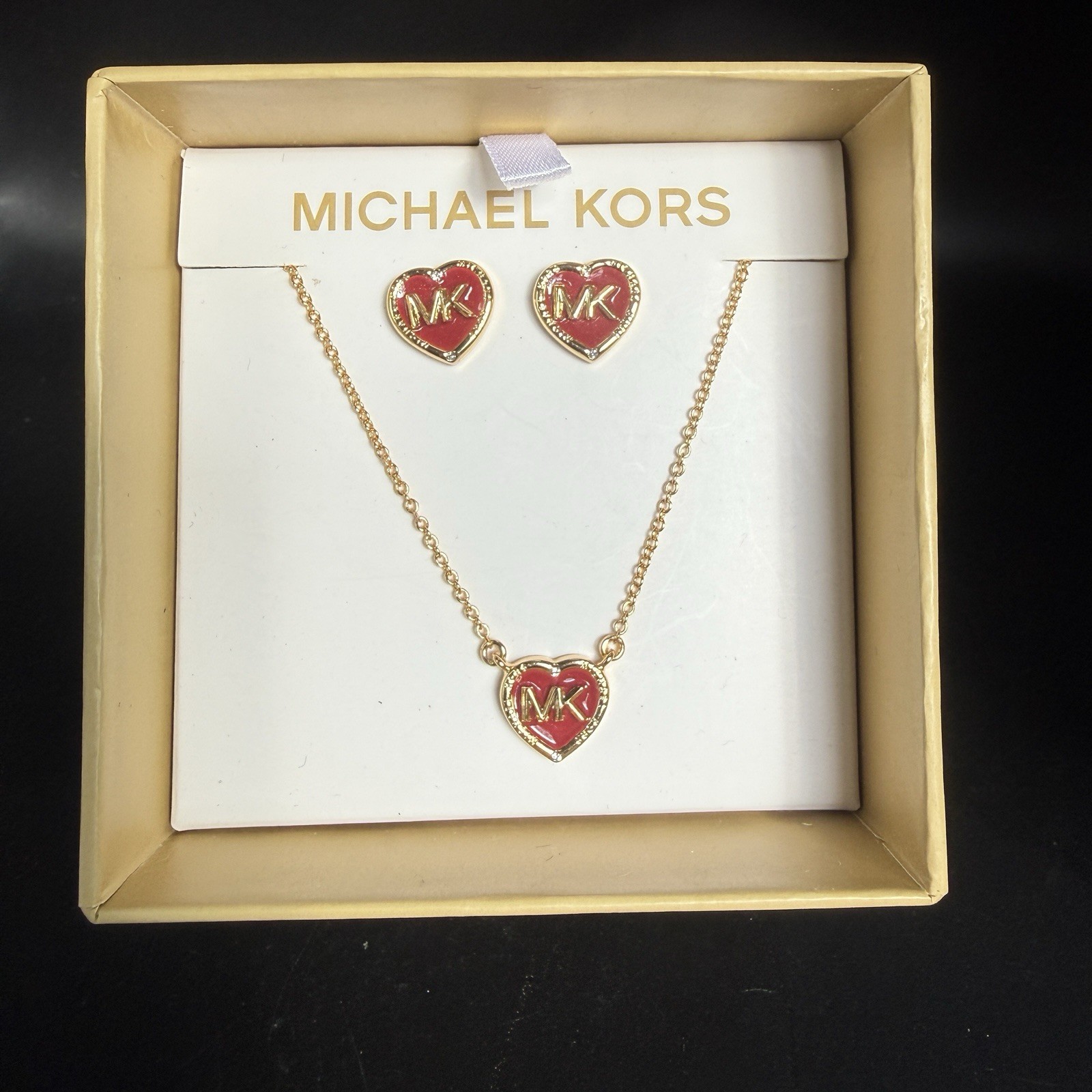 Michael Kors Heart Logo Red and Gold-Tone Brass Necklace and Earrings Gift Set