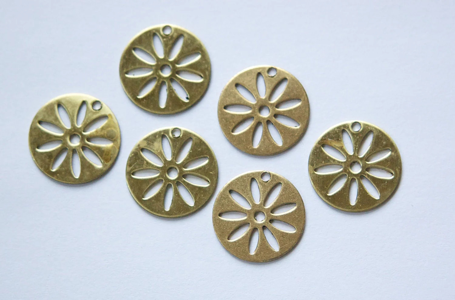 1 Hole Raw Brass Cut Out Design Circle Charm Drops (6) mtl214