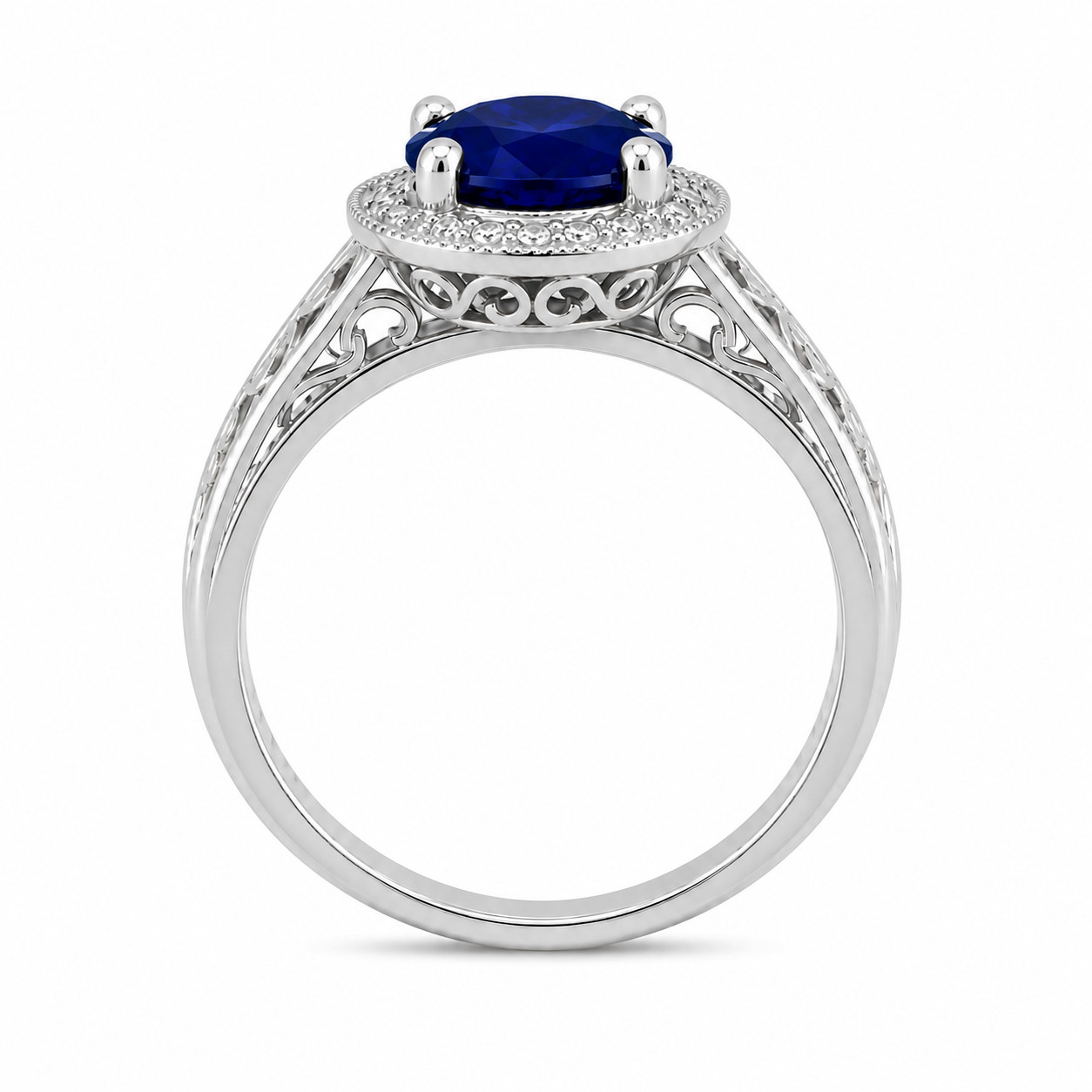 Sterling Silver 925 Blue Sapphire Round Cut 7.00mm Vintage Halo Engagement Ring