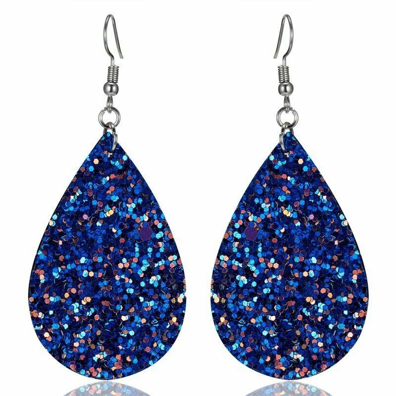 Fashion Jewelry Blue Glitter Faux Leather Fabric Teardrop Hook Dangle Earrings