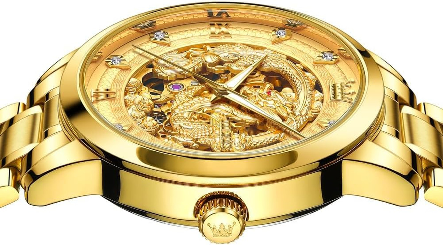 Dragon Skeleton Mens Automatic Watch 42MM Large Dial Gold Luxury Self-Winding Di