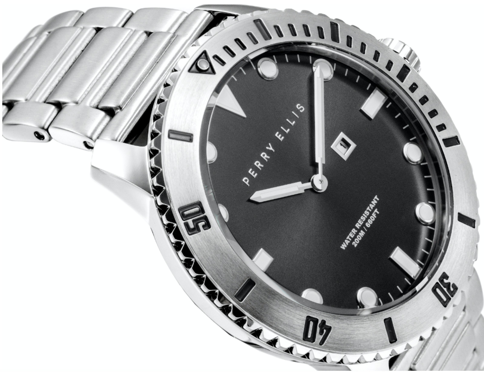 Perry Ellis Watch 02001-02 Deep Diver Quartz 46 mm Case Men’s Silver 20ATM 200m.