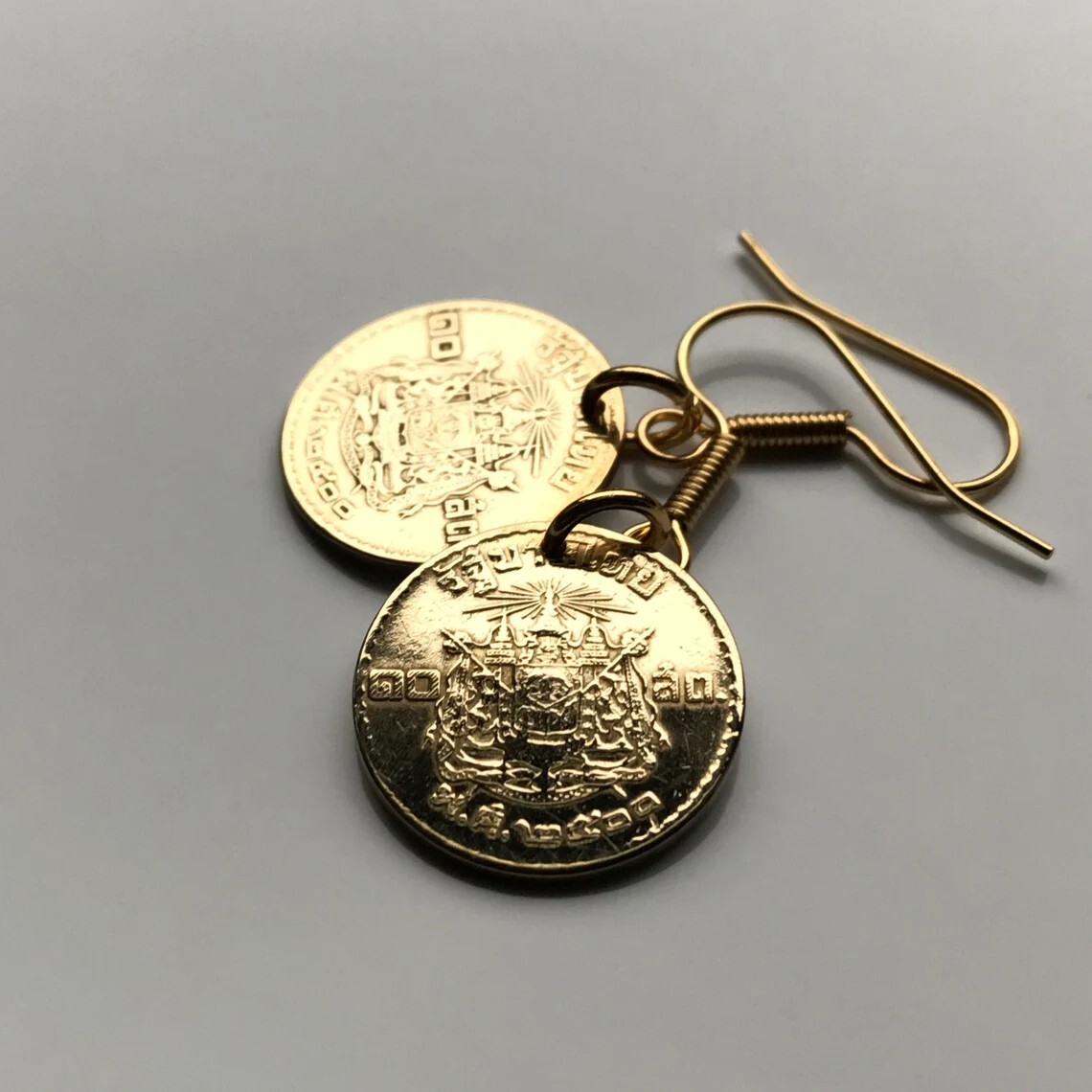 1957 Thailand Siam coin earrings Wat Arun Erawan Lan Xang Bangkok Phuket e000388