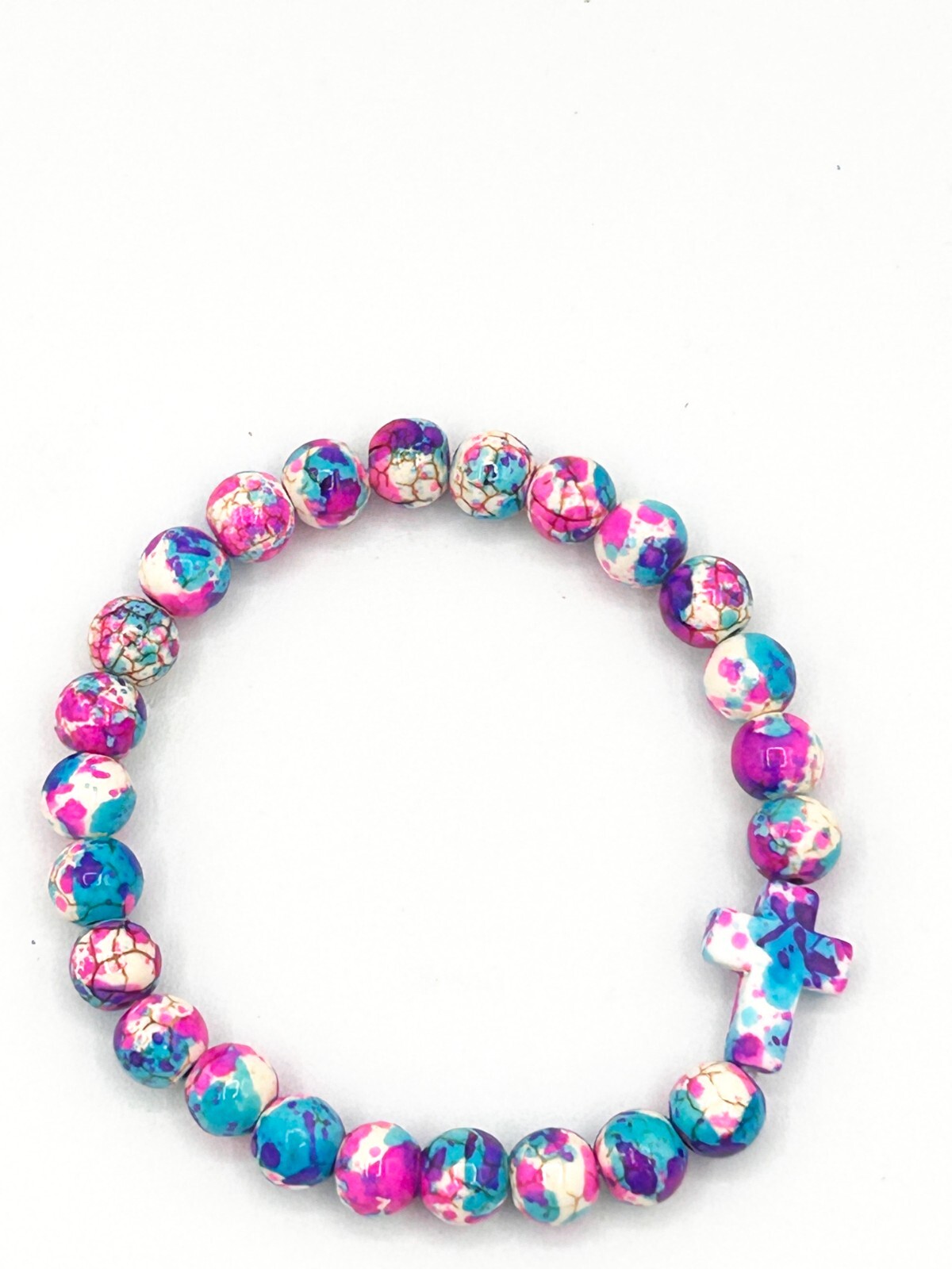Synthetic Dyed Turquoise Beaded Stretch Bracelet with Cross, 6 mm Beads