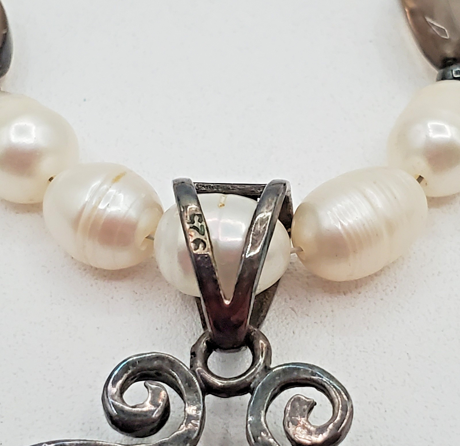 VTG 925 Ammonite Fossil Pendant Pearl Glass 16in Necklace Sterling Silver 40gtw