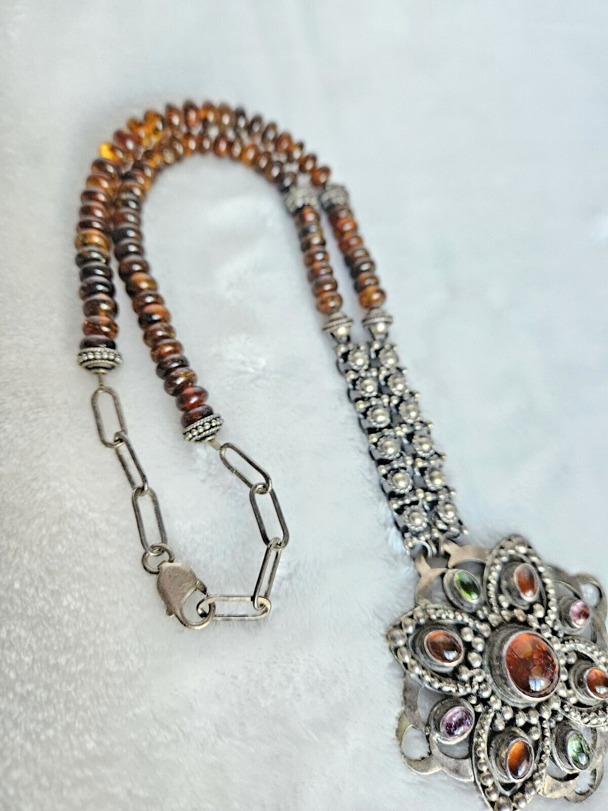 Vintage 925 Solid Sterling Silver Multicolor Amber Large Pendant Necklace