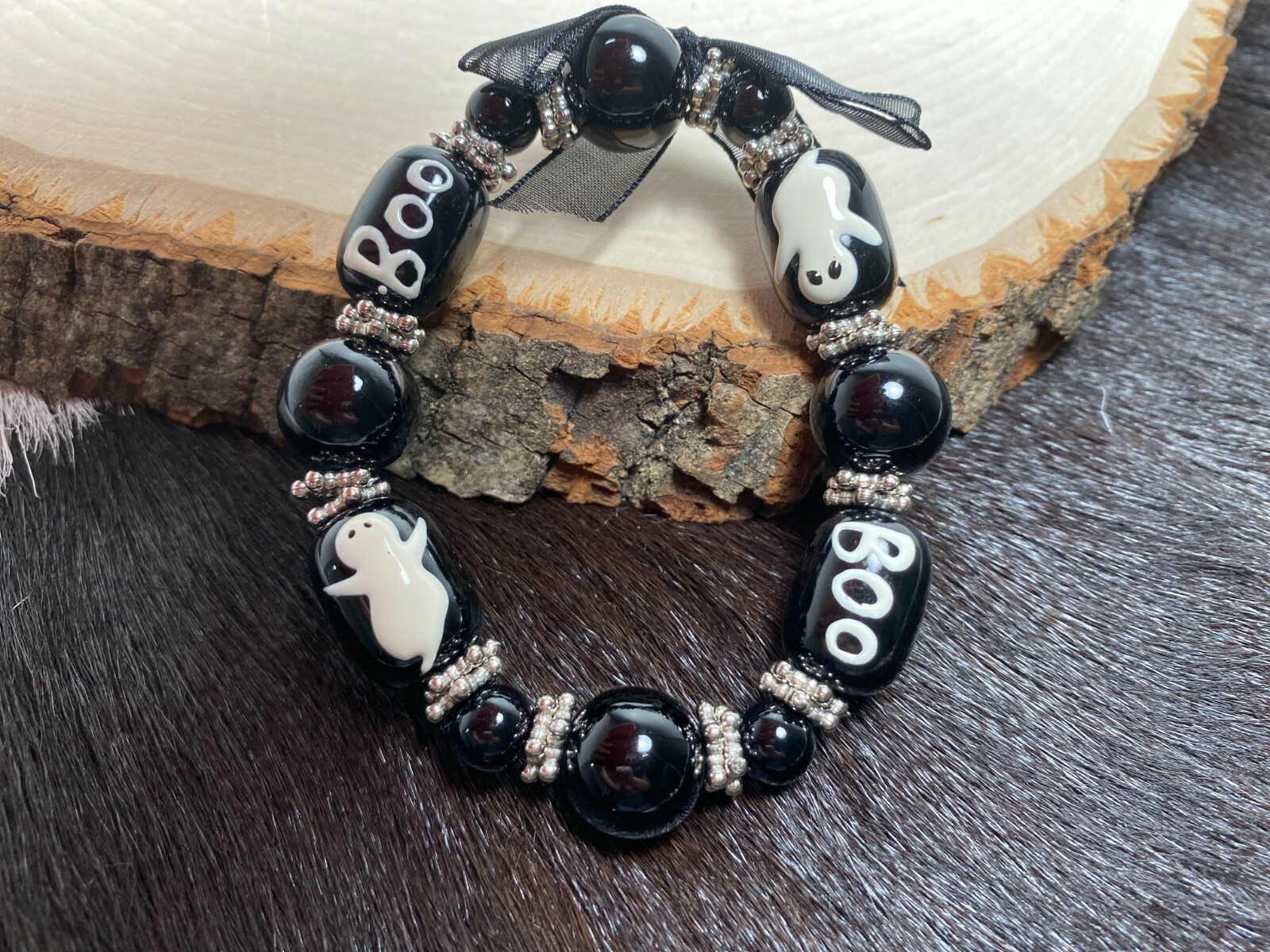 Halloween Bracelet Ghost Boo Black Unique Beaded Stretch Bracelet for Women