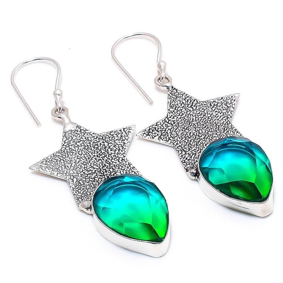 Blue Green Mystic Quartz Earrings 925 Sterling Silver Handmade Star Dangle