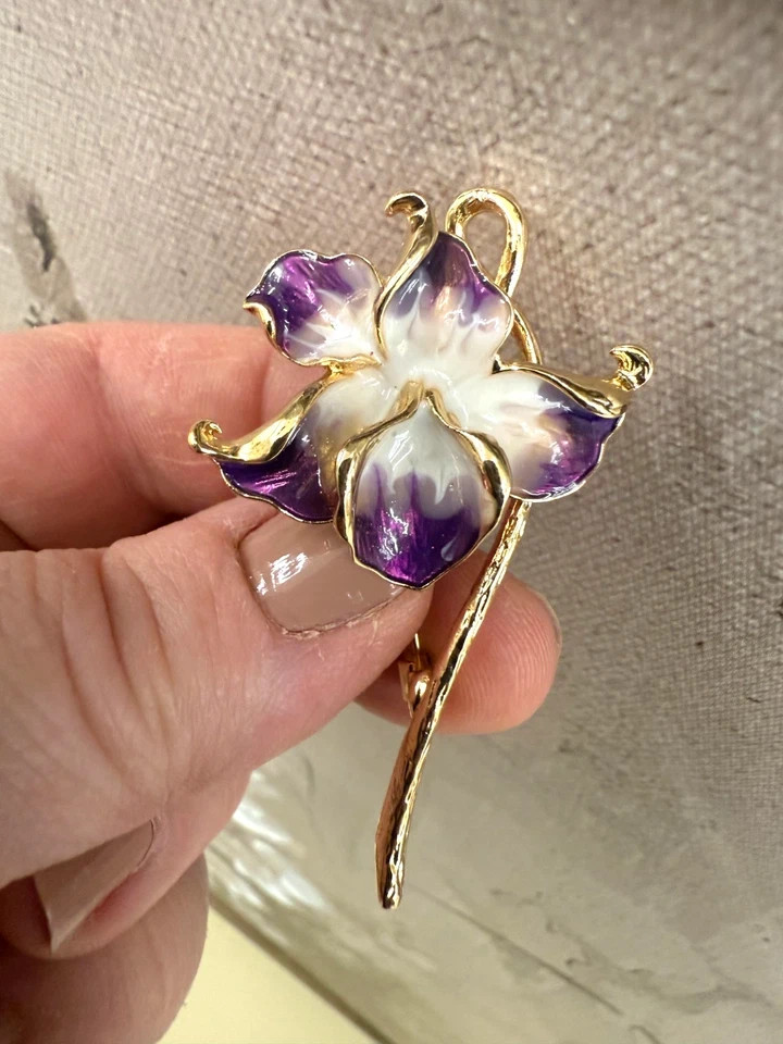 New Orchid Enamel Flower Brooch, 2.28-Inch, 14K Gold‑Plated Pin