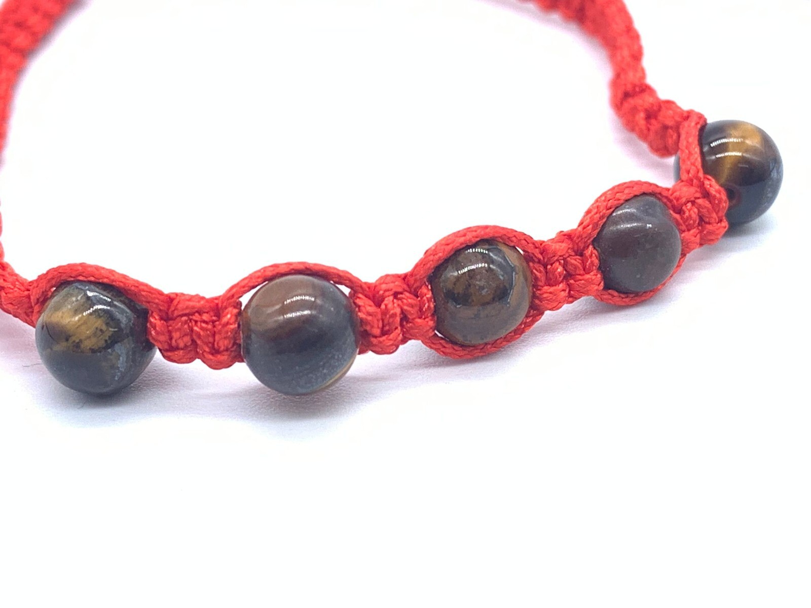 Bracelet Macrame Red Cord Knot Tiger Eye Beads Adjustable 6in-10in Fashion