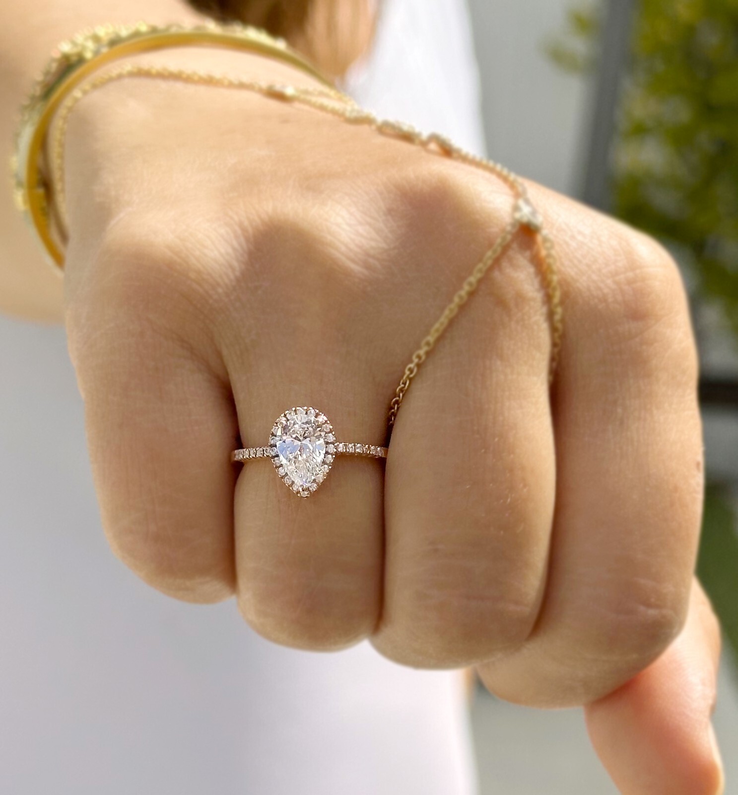 Pear Shape And Round Moissanite Engagement Ring Halo 14k Solid Rose Gold 1.70ctw