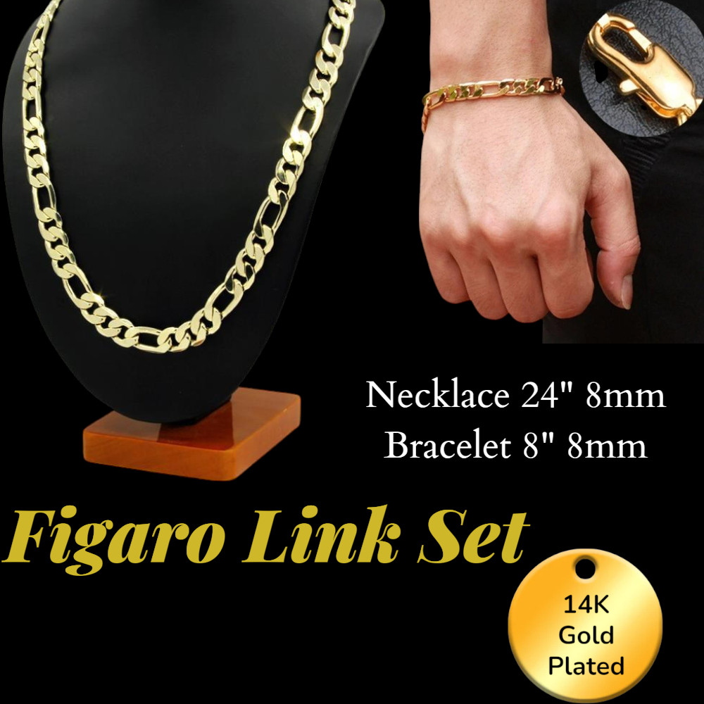 14K Stamped Gold Plated Fashion Rope/Figaro Set, Bracelet & Necklace 8mm, 24″