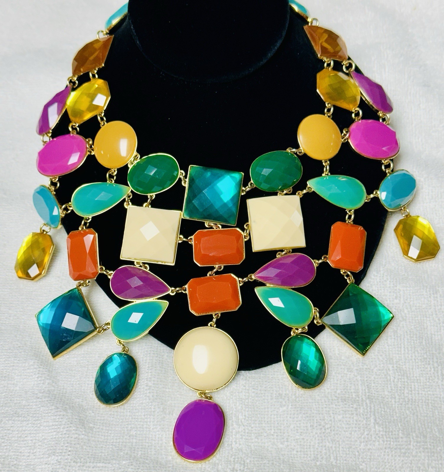 Statement HUGE Bib Colorful Blue Gold Purple Cabochon Collar Necklace n0115