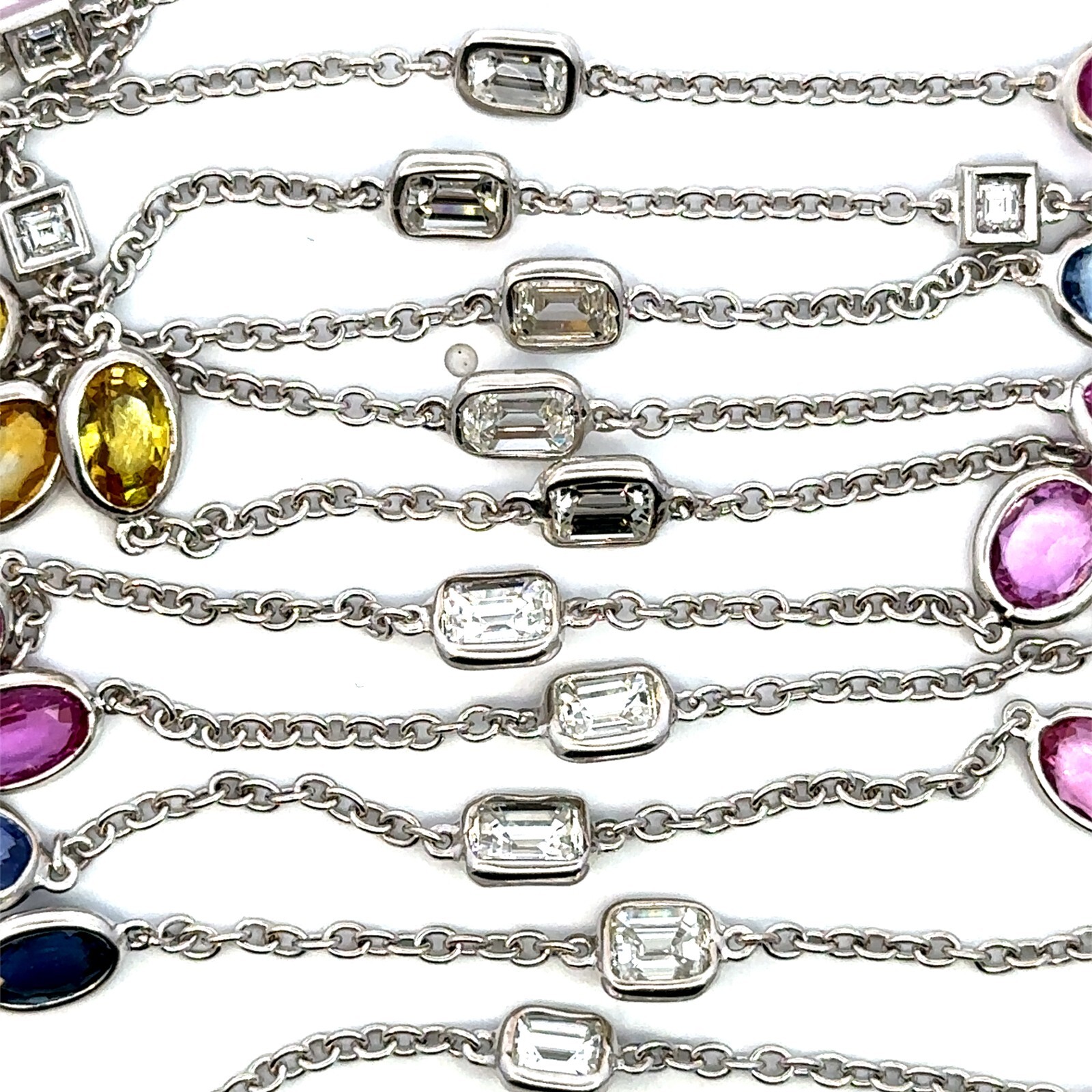 18K White Gold Fancy Cut Natural Diamonds & Multicolor Sapphire Necklace 64″
