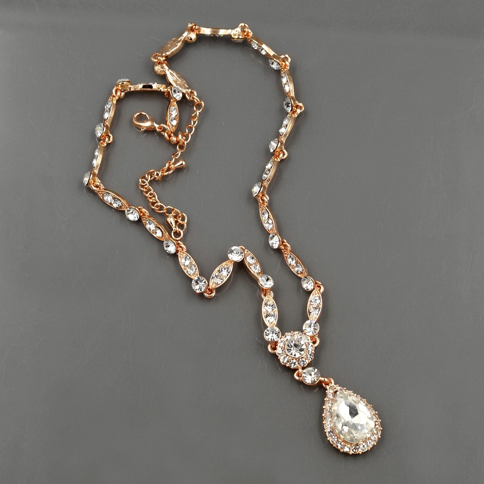 ROSE GOLD Plated Clear Crystal Necklace Pendant Earrings Wedding Jewelry Set 496