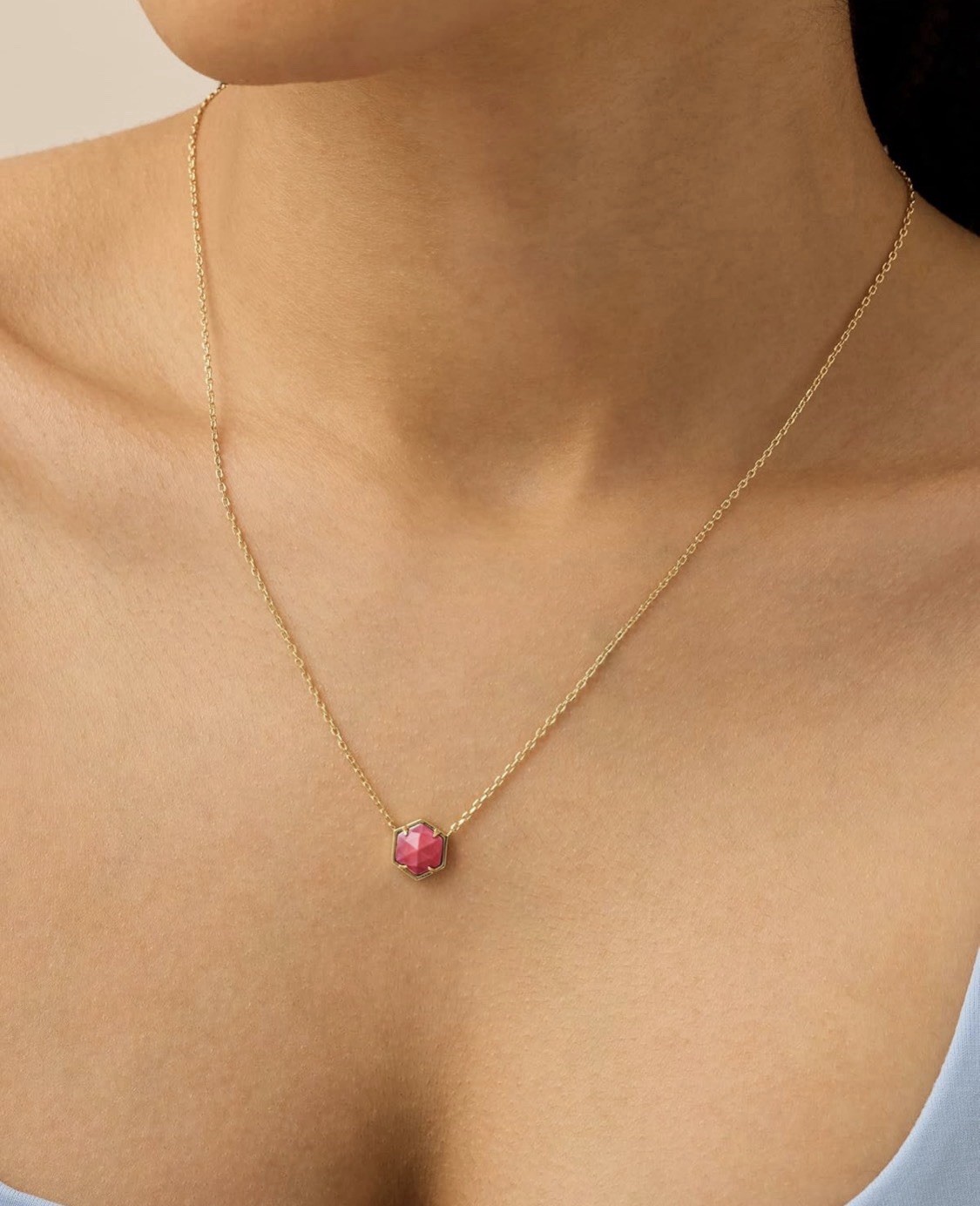 Gold Tone Cable Chain Necklace Pink Hexagon Stone Charm Pendant Bezel Set