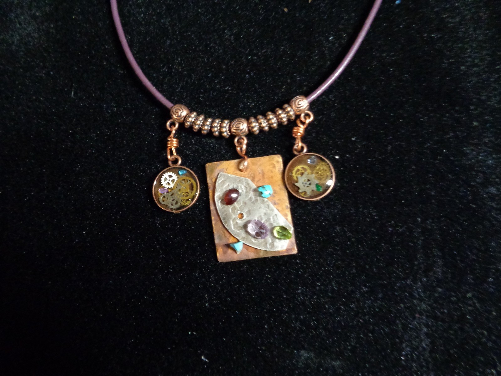 Artisan crafted,eclectic,18” necklace. Central handcrafted copper collage pendan