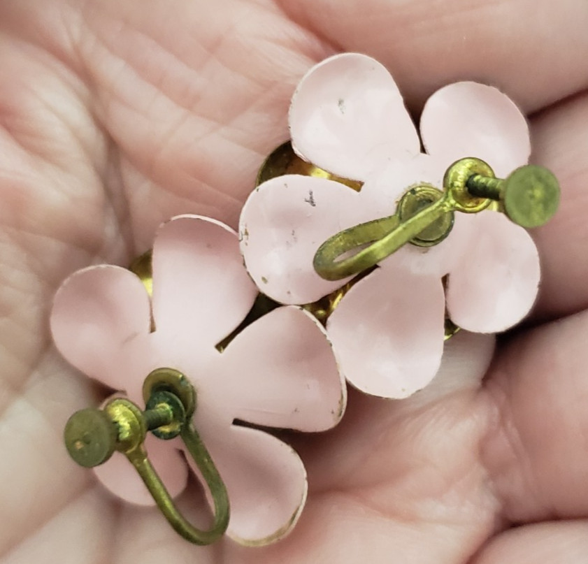 Art Deco Brass Ball Chain Pink Flower Multi Strand Draped Necklace 1930’s 1940s