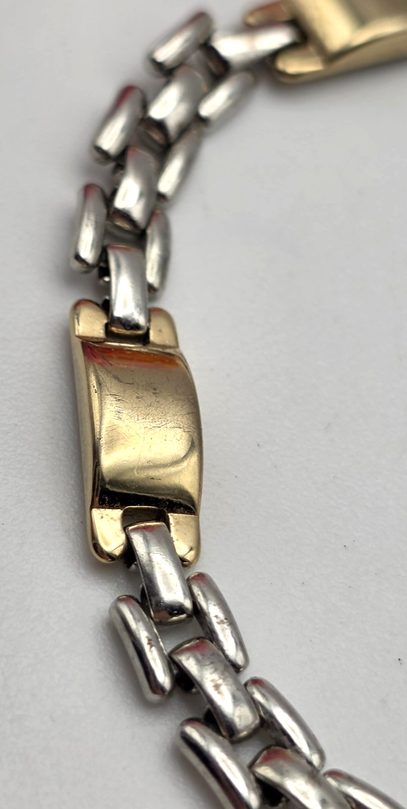 Two Tone Gold Silver Tone Bar Link Bracelet 7.25 In Hidden Fold Over Clasp