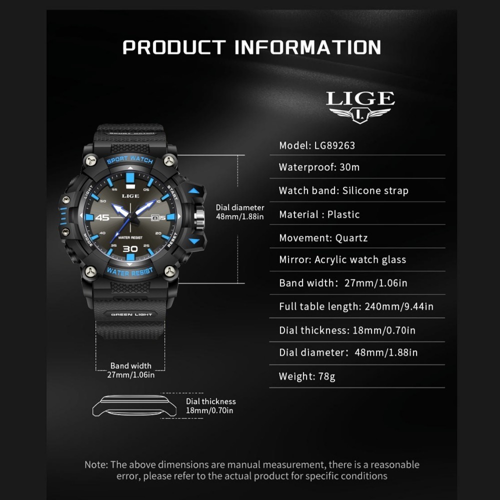 Men’s Sport Watch Big Dial Quartz Analog Date Luminous Waterproof Boy Wristwatch