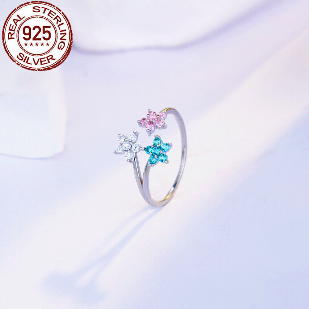 Flower Open Cuff Ring Adjustable Cubic Zircon Polished 925 Sterling Silver Gift