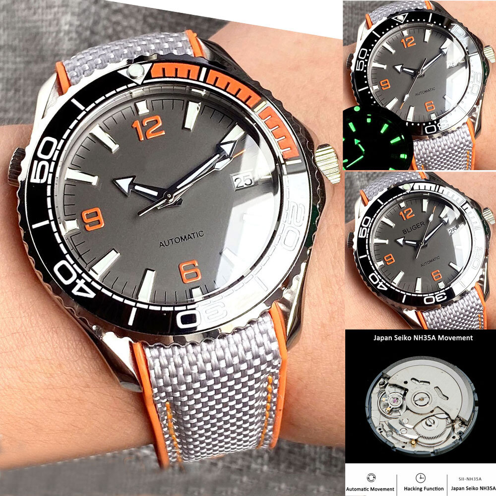 41mm Bliger Gray Dial Sapphire Glass 24 Jewels NH35A automatic mens watch