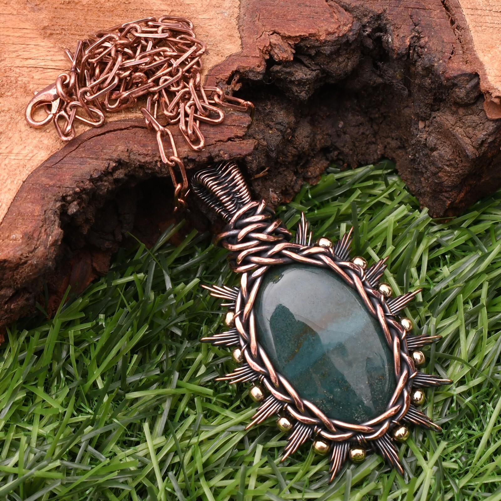 Blood Stone Gemstone Copper Wire Wrap Handmade Jewelry Pendant 2.28″