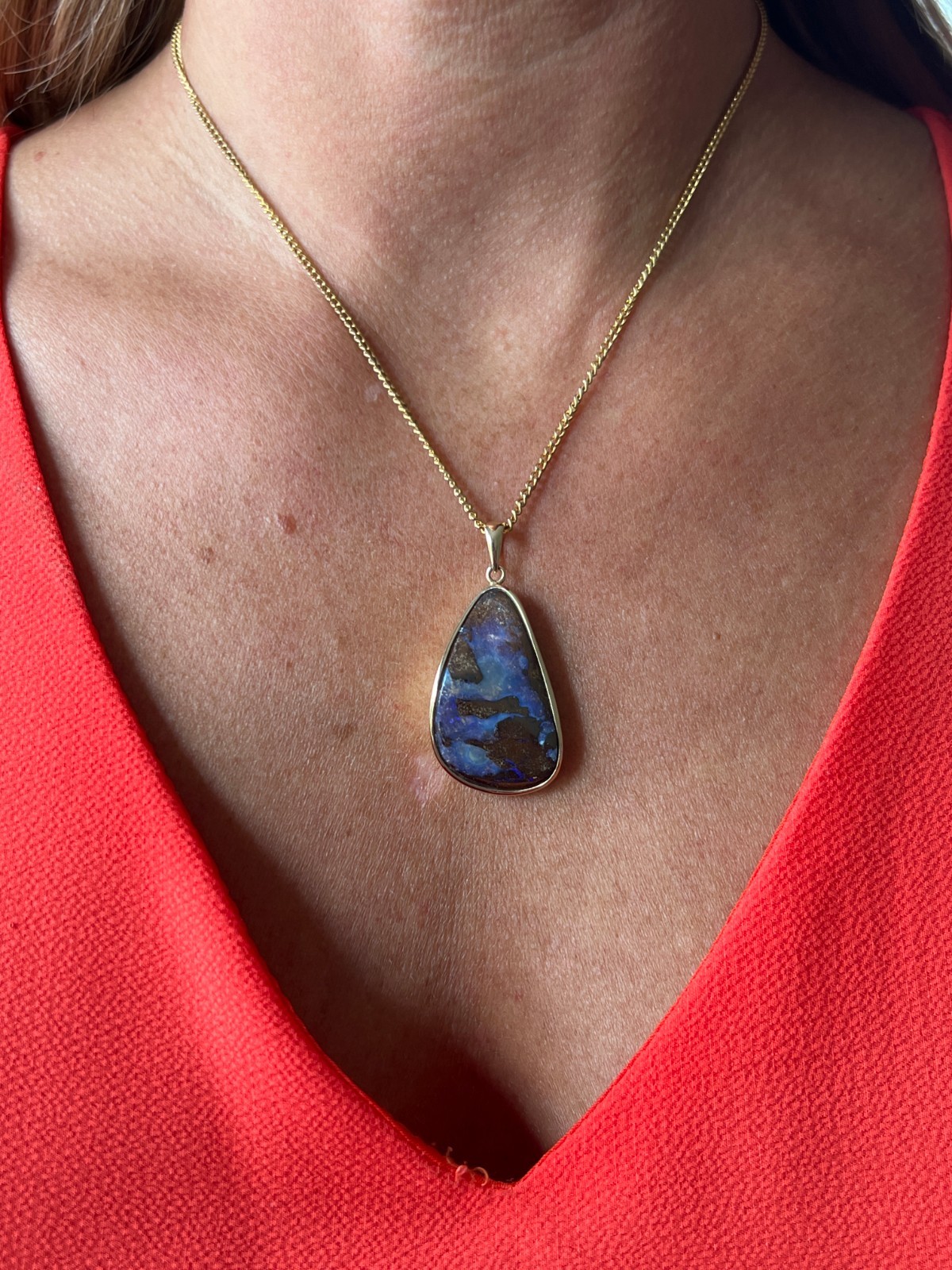 Contemporary 14 Karat Yellow Gold Freeform Oval Blue and Brown Opal Pendant