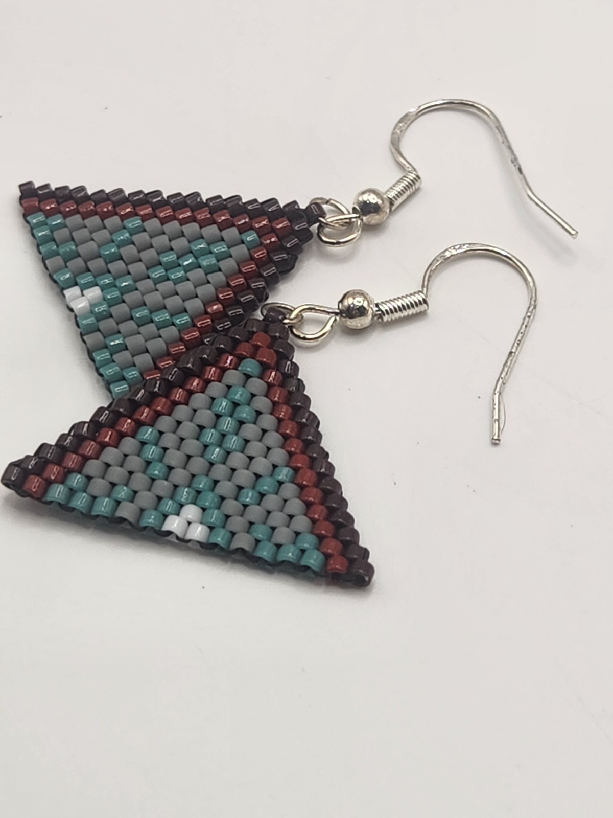 Handmade Peyote Seed Bead Triangle Dangle Earrings Sterling Silver 925 Hooks