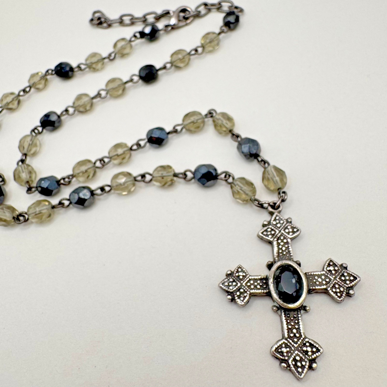 Cross Necklace Gothic Rosary Style Black Glass Bead Silver Tone Pendant 17″
