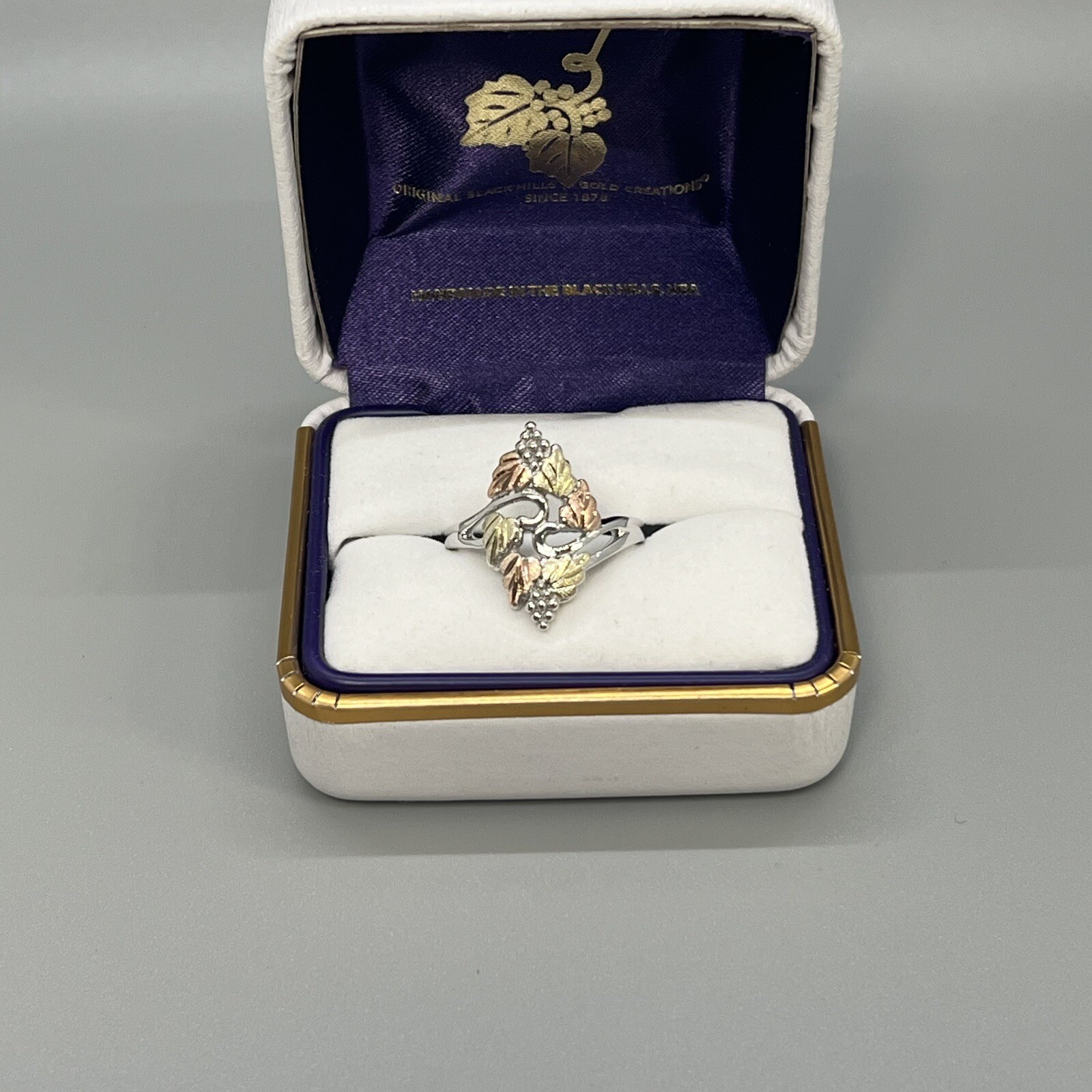 Landstrom’s Black Hills Gold Ladies 12K Solid Gold Leaf Ring Sterling Silver NIB