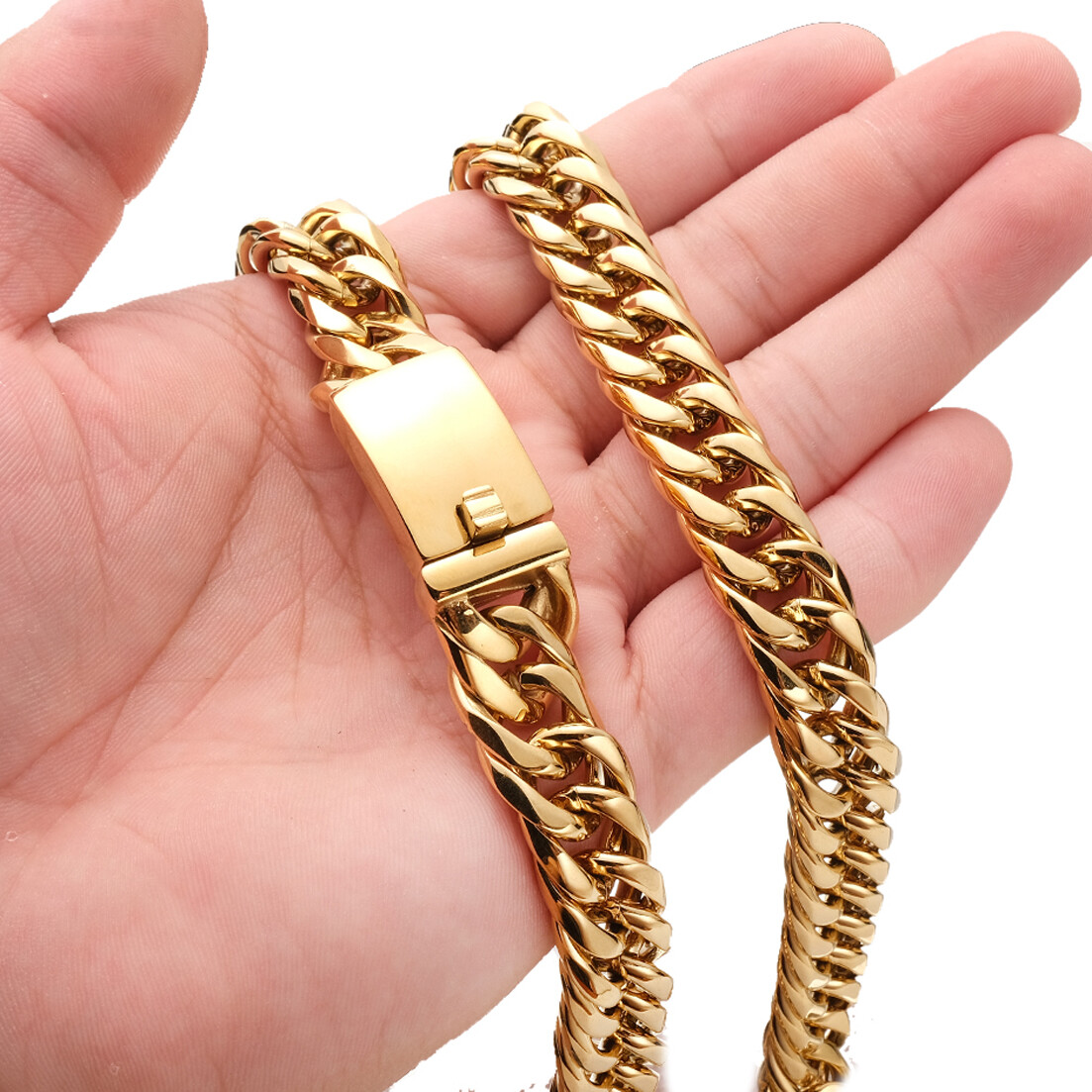 Men’s 13/16mm Gold Stainless Steel Curb Cuban Link Chain Necklace Gift 16″-40″