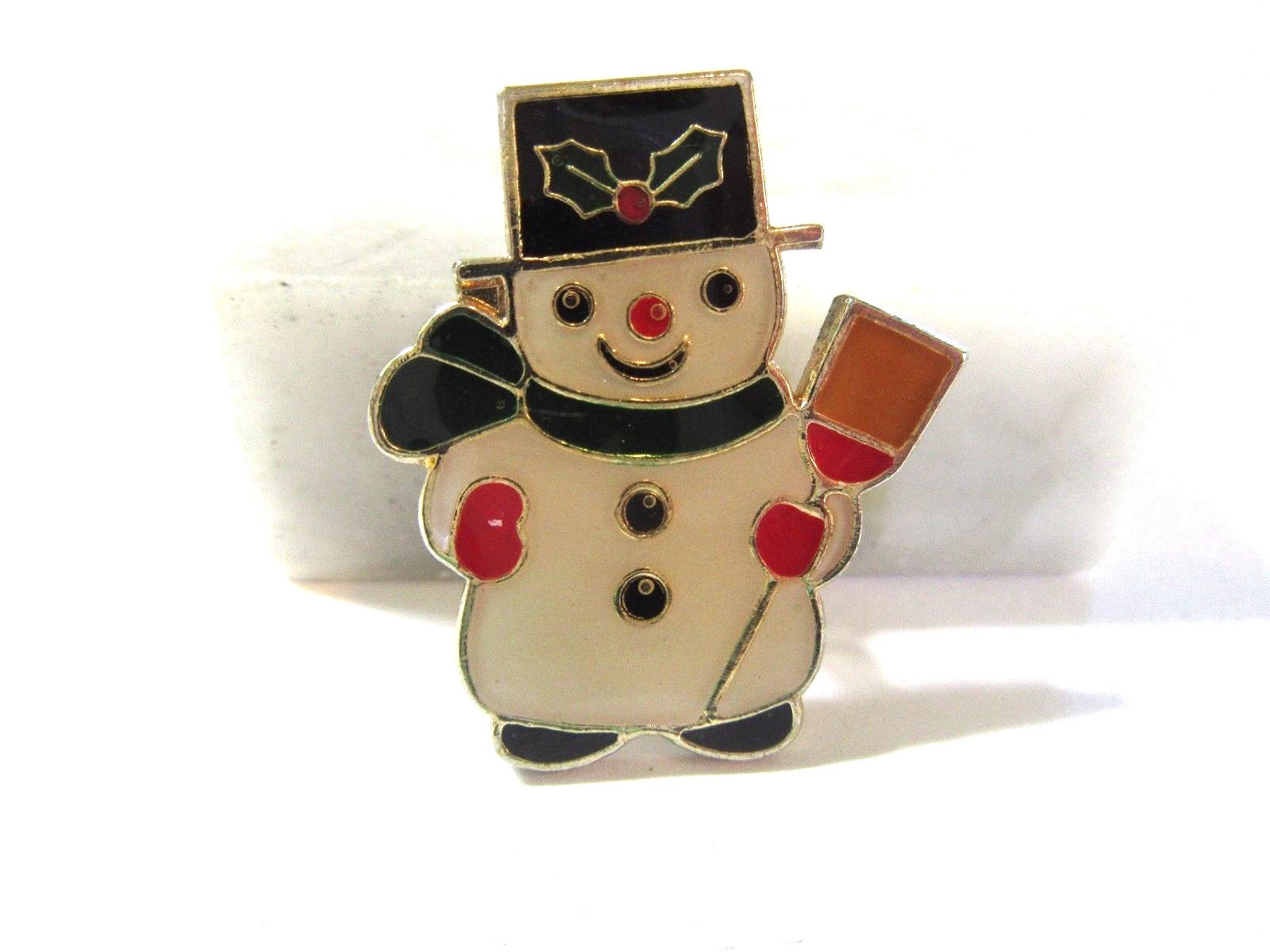 ENAMEL UNDER ACRYLIC SNOWMAN VINTAGE CHRISTMAS HOLIDAY PIN SIGNED KOREA 1970’S