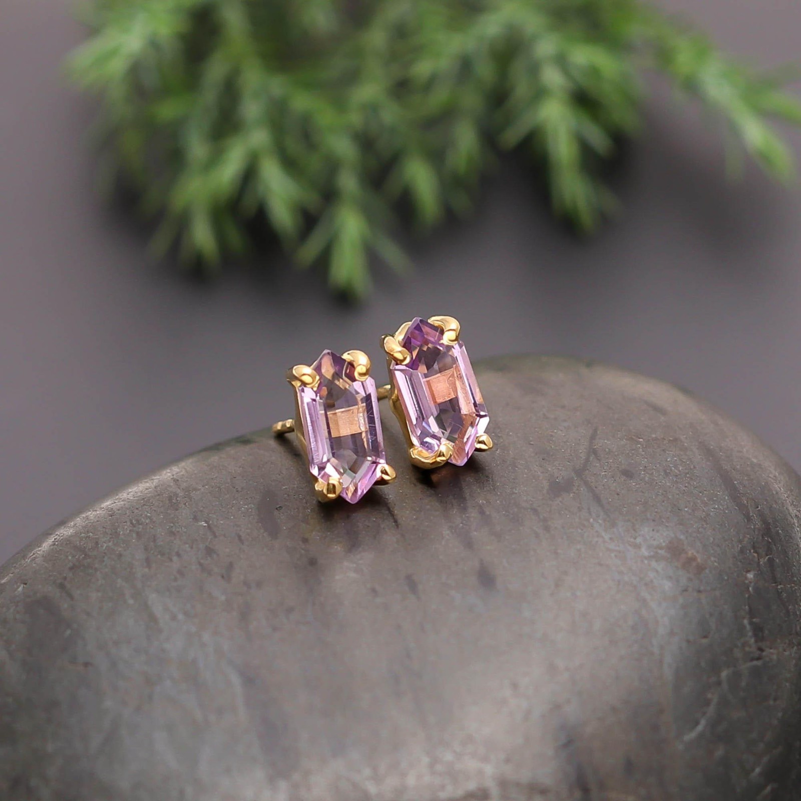 Natural Pink Amethyst Hexagon Stud Earring Gold Fill 925 Sterling Silver Jewelry