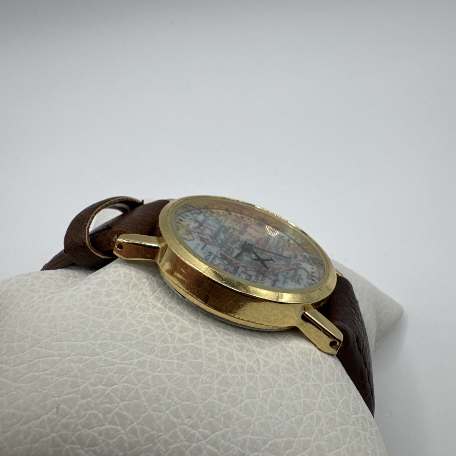Charming Charlie Ladies World Map Quartz Watch 30mm Round Gold Tone Brown Faux