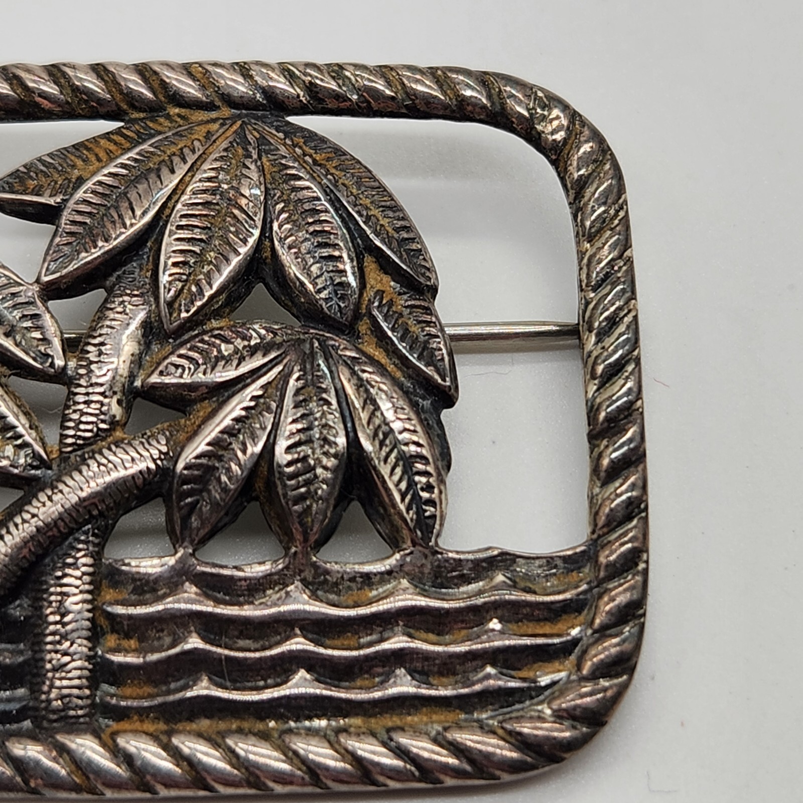 Danecraft 1940s Sterling Brooch – Three Palm Trees Seascape, Signed, 2″