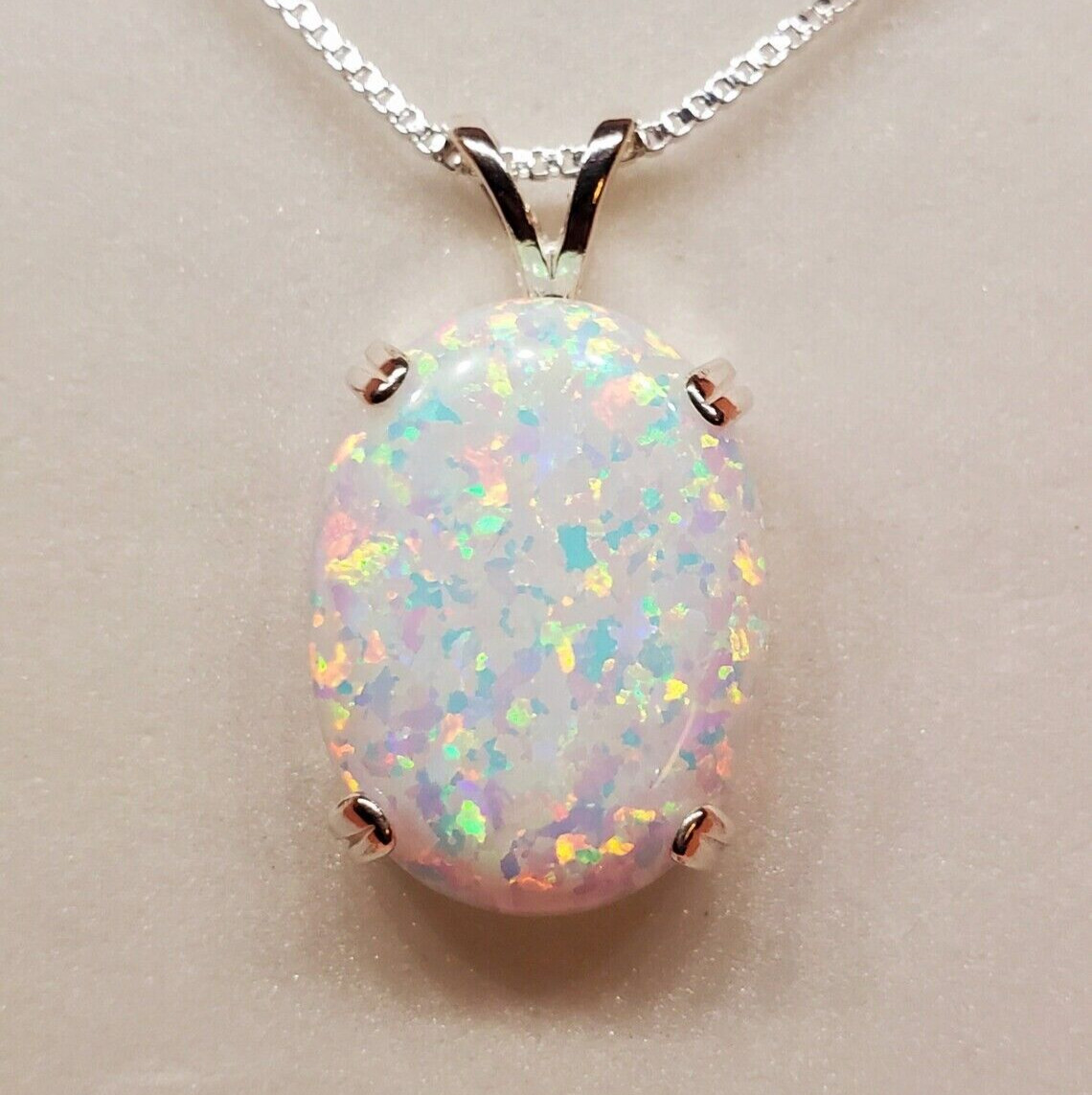 White Opal Rainbow Oval Shape 925 Sterling Silver Pendant Jewelry