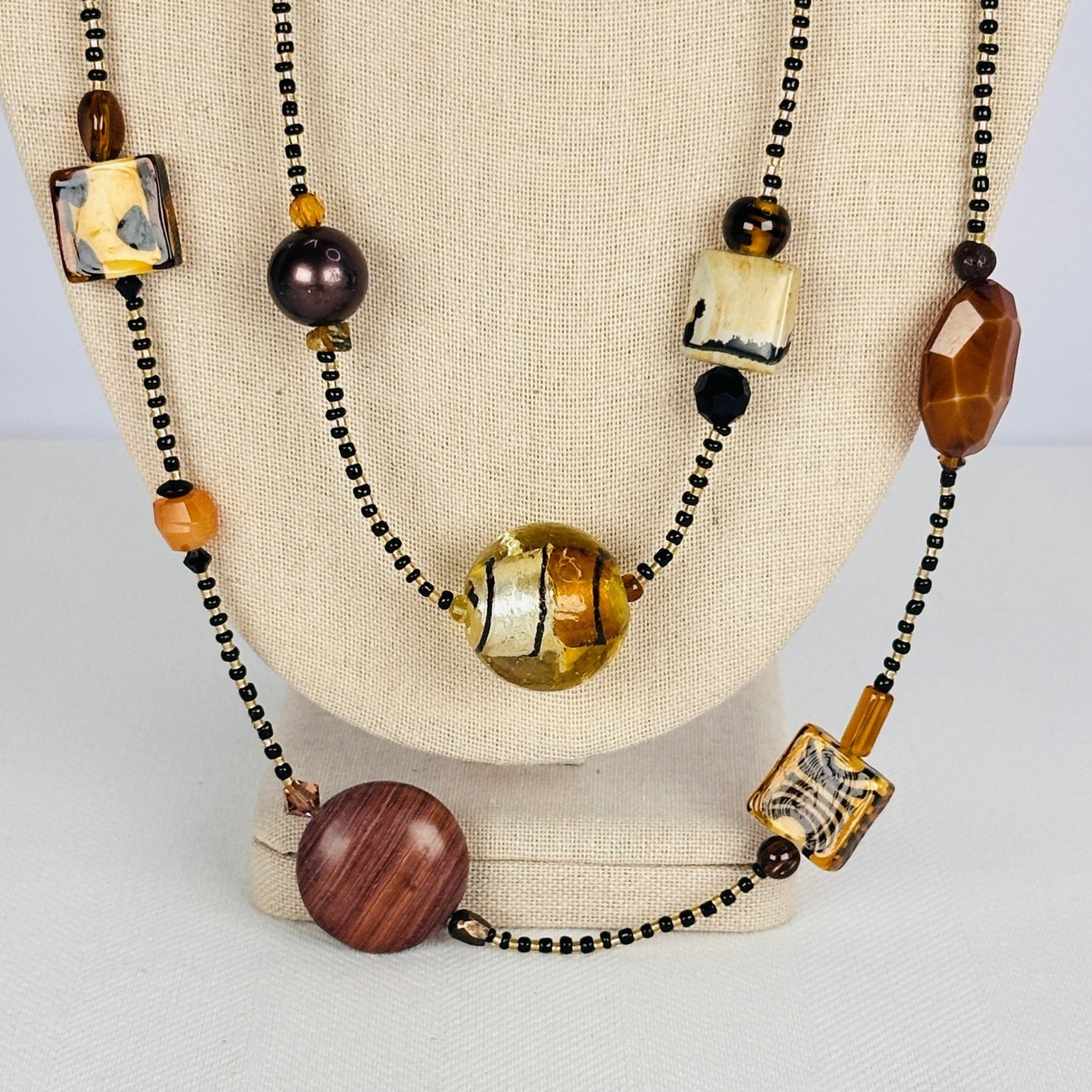 Boho Murano Glass & Resin Beaded Necklace Set Brown Black Earth Tone Layered