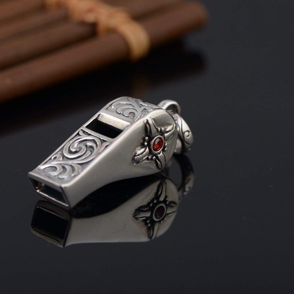 Gothic Cross Whistle Blowing Pendant, S925 Silver, Men’s Biker Survival Charm