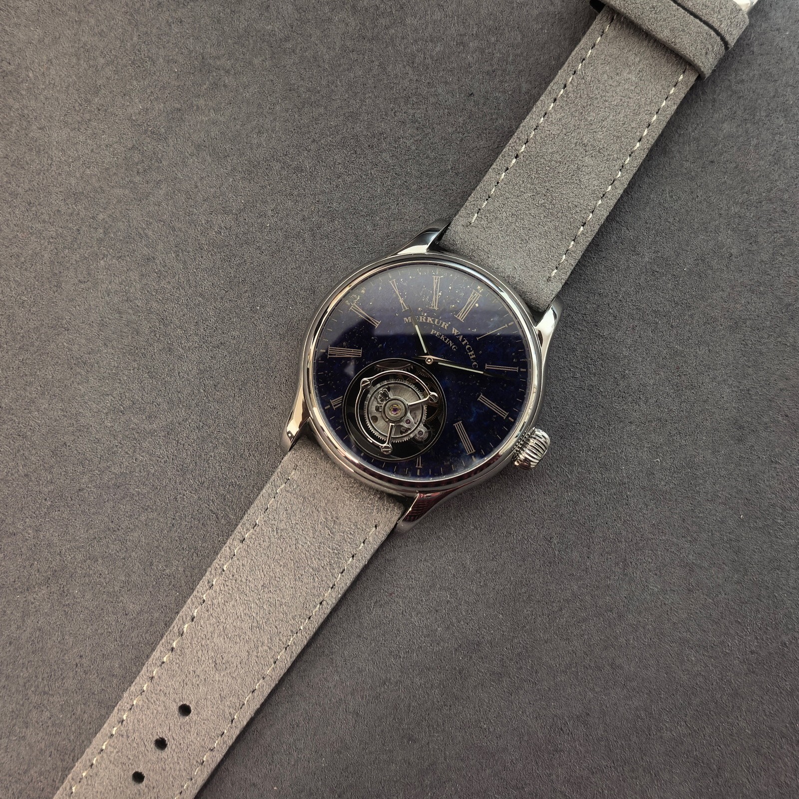 Merkur Men Tourbillon Watch Mechanical Wristwatch Blue Sanding Dial Sapphire