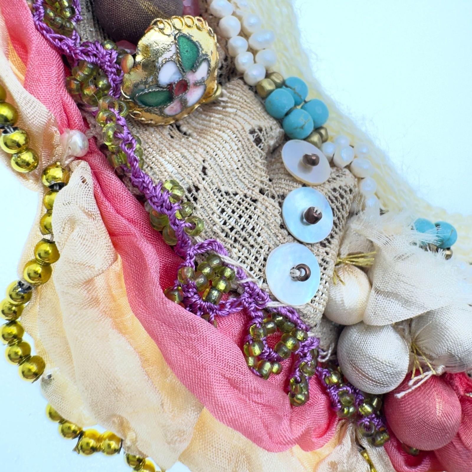 Boho Handmade Turkish Bib Collar Statement Necklace Rustic Fiber Lace Fabric