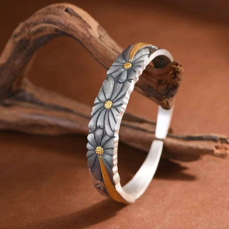 Solid S999 Fine Silver Bracelet Women Unique Flower Open Bangle 57-58g ID58mm