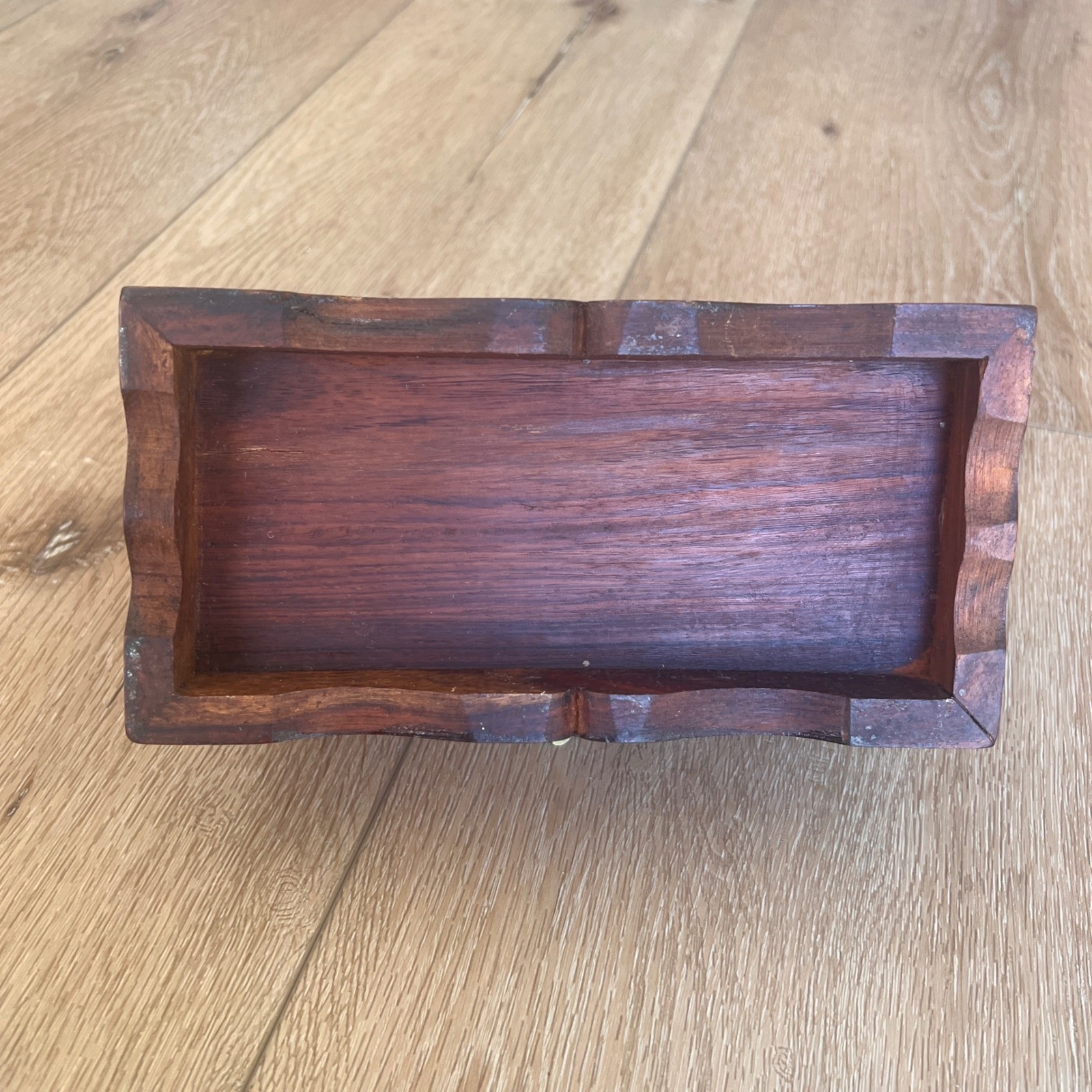 Vintage Wooden Jewelry Box Dome Top Brass Inlay Chest with Key Keepsake Box