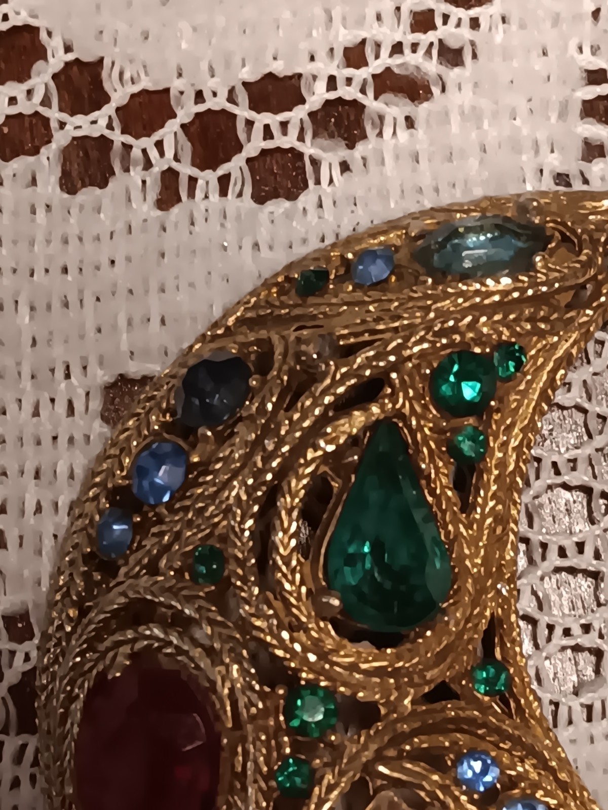 Gold Tone Crescent Moon Brooch Pin Multicolor Rhinestones Celestial Prong Set