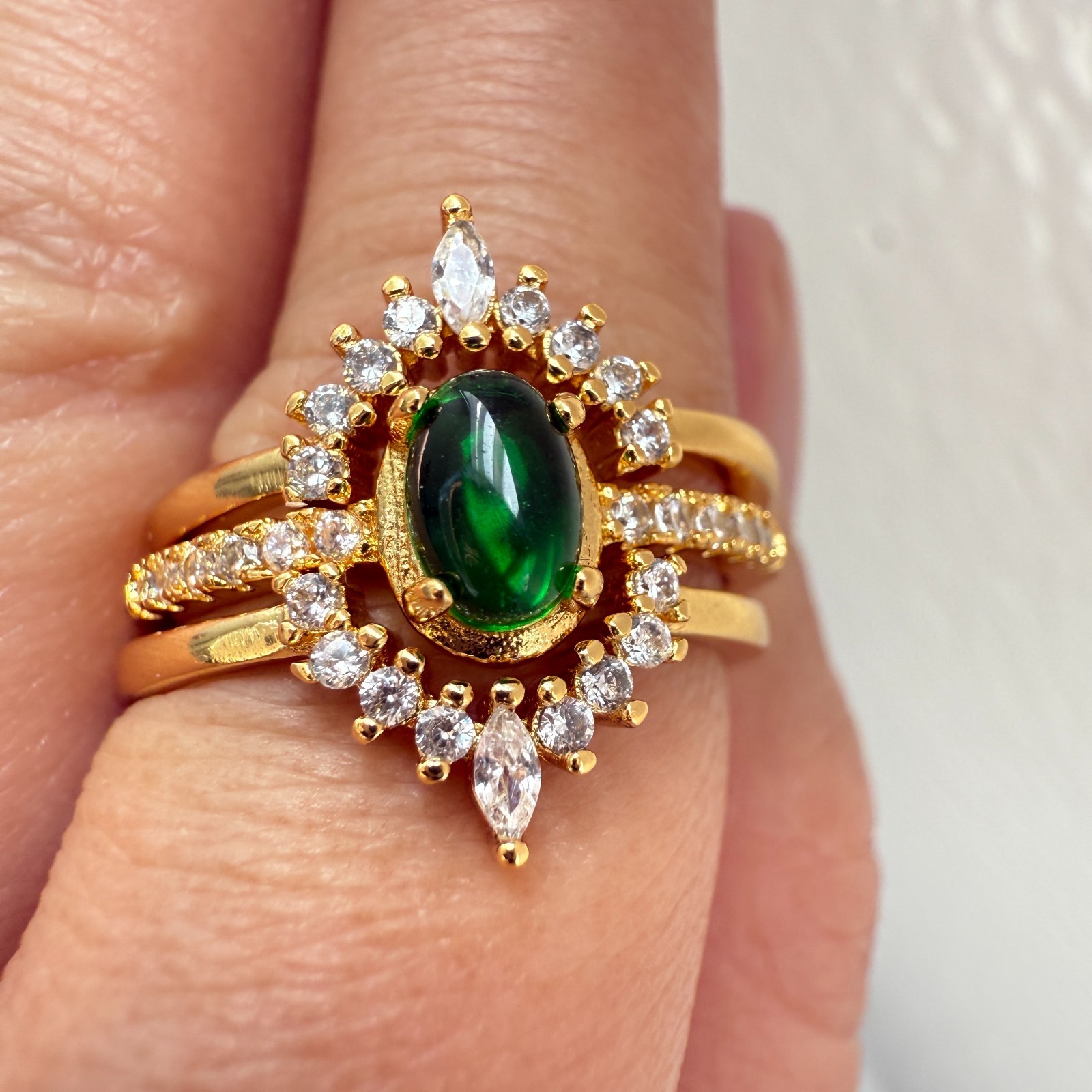 925 Sterling Silver Ring 3in1 6x4mm Green Natural Emerald Gemstone Zircon Flower